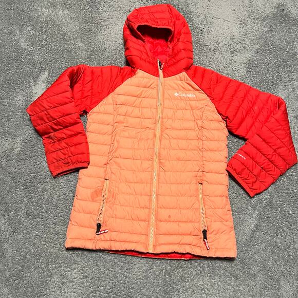 Columbia Coat Kid Youth Girls Medium 10-12 Omni Heat Puffer Hooded Orange Jacket - Picture 1 of 10